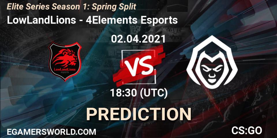 LowLandLions vs 4Elements Esports: Betting TIp, Match Prediction. 02.04.2021 at 19:10. Counter-Strike (CS2), Elite Series Season 1: Spring Split