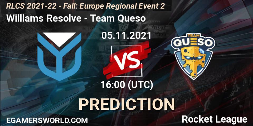 Williams Resolve vs Team Queso: Betting TIp, Match Prediction. 05.11.2021 at 16:00. Rocket League, RLCS 2021-22 - Fall: Europe Regional Event 2