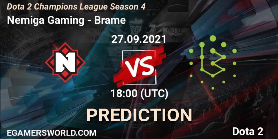 Nemiga Gaming vs Brame: Betting TIp, Match Prediction. 27.09.2021 at 18:57. Dota 2, Dota 2 Champions League Season 4