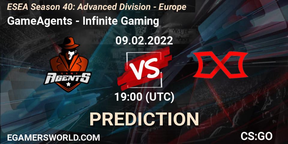 GameAgents vs Infinite Gaming: Betting TIp, Match Prediction. 09.02.2022 at 19:00. Counter-Strike (CS2), ESEA Season 40: Advanced Division - Europe
