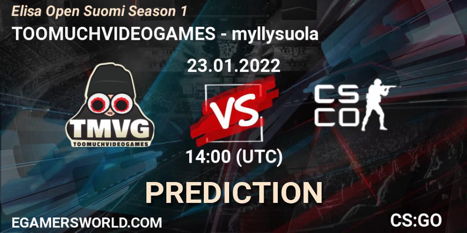 TOOMUCHVIDEOGAMES vs myllysuola: Betting TIp, Match Prediction. 23.01.2022 at 14:00. Counter-Strike (CS2), Elisa Open Suomi Season 1