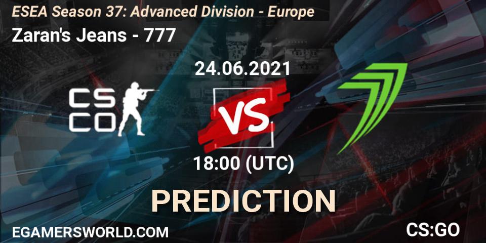 Zaran's Jeans vs 777: Betting TIp, Match Prediction. 24.06.2021 at 18:00. Counter-Strike (CS2), ESEA Season 37: Advanced Division - Europe