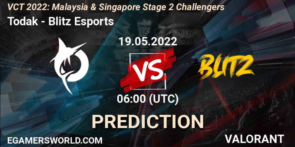 Todak vs Blitz Esports: Betting TIp, Match Prediction. 19.05.2022 at 06:00. VALORANT, VCT 2022: Malaysia & Singapore Stage 2 Challengers