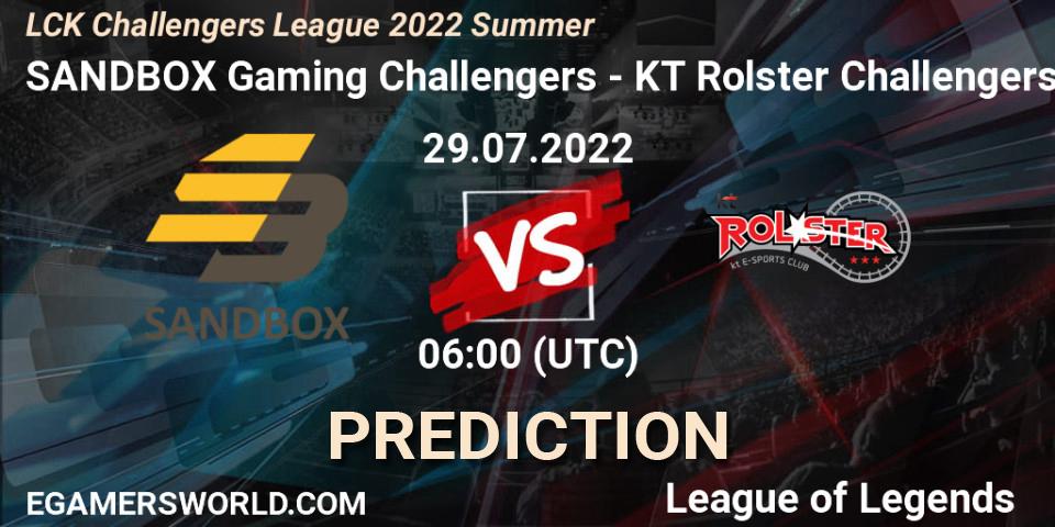 SANDBOX Gaming Challengers vs KT Rolster Challengers: Betting TIp, Match Prediction. 29.07.2022 at 06:00. LoL, LCK Challengers League 2022 Summer