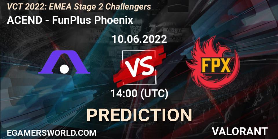 ACEND vs FunPlus Phoenix: Betting TIp, Match Prediction. 10.06.2022 at 14:00. VALORANT, VCT 2022: EMEA Stage 2 Challengers
