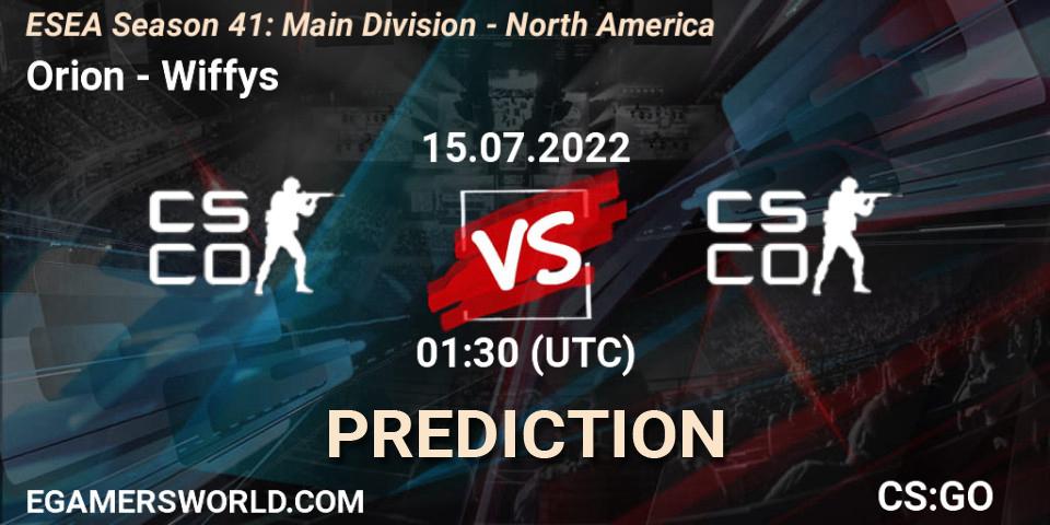 Orion vs Wiffys: Betting TIp, Match Prediction. 15.07.2022 at 01:30. Counter-Strike (CS2), ESEA Season 41: Main Division - North America