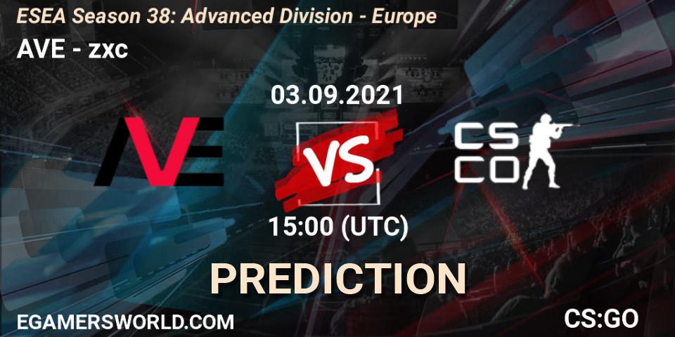 AVE vs zxc: Betting TIp, Match Prediction. 03.09.2021 at 15:00. Counter-Strike (CS2), ESEA Season 38: Advanced Division - Europe