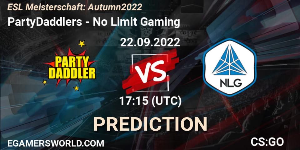 PartyDaddlers vs No Limit Gaming: Betting TIp, Match Prediction. 22.09.2022 at 17:15. Counter-Strike (CS2), ESL Meisterschaft: Autumn 2022