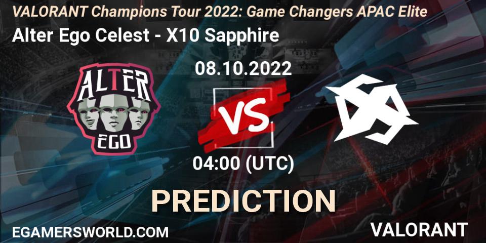 Alter Ego Celestè vs X10 Sapphire: Betting TIp, Match Prediction. 08.10.2022 at 04:00. VALORANT, VCT 2022: Game Changers APAC Elite