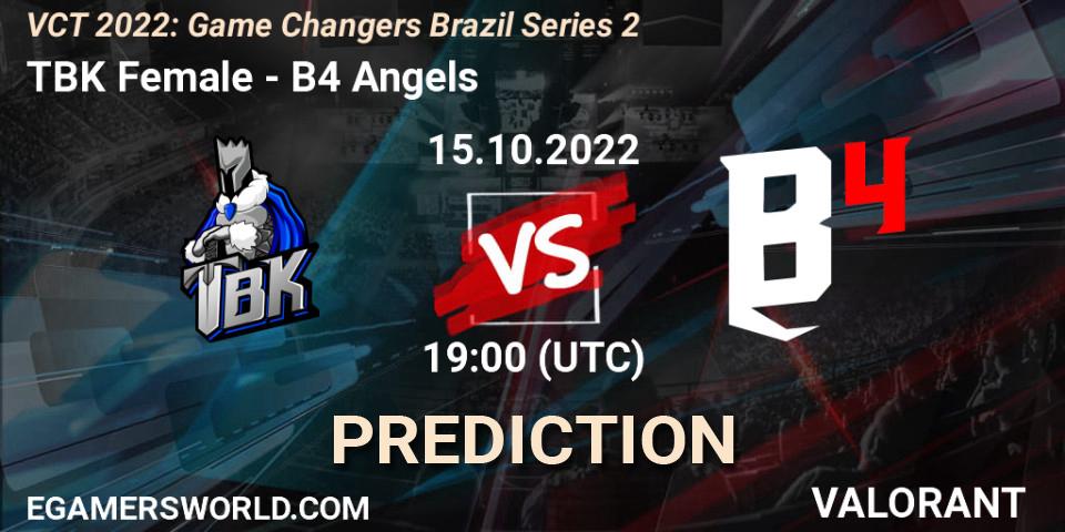 TBK Female vs B4 Angels: Betting TIp, Match Prediction. 15.10.2022 at 19:00. VALORANT, VCT 2022: Game Changers Brazil Series 2