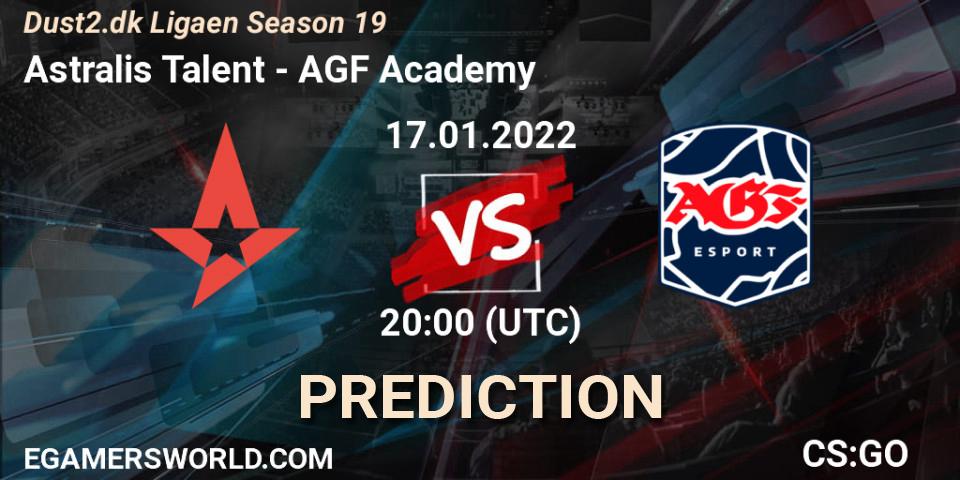 Astralis Talent vs AGF Academy: Betting TIp, Match Prediction. 17.01.2022 at 20:00. Counter-Strike (CS2), Dust2.dk Ligaen Season 19