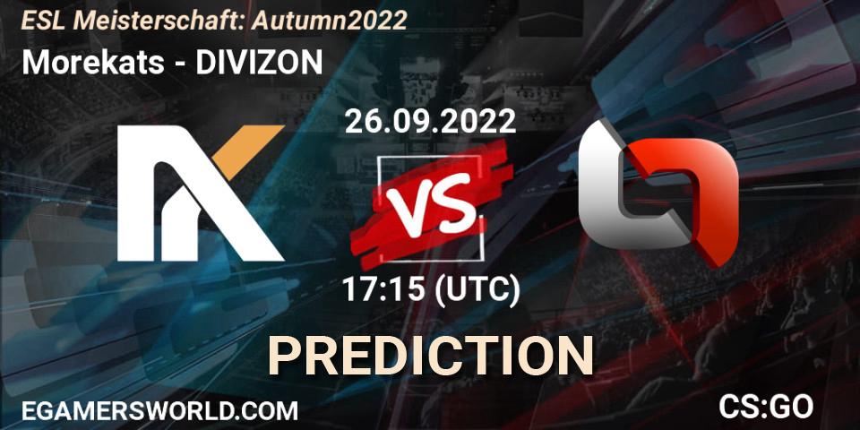 Morekats vs DIVIZON: Betting TIp, Match Prediction. 26.09.2022 at 17:15. Counter-Strike (CS2), ESL Meisterschaft: Autumn 2022