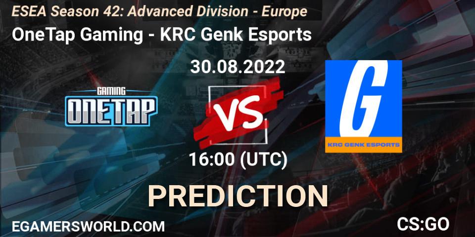 OneTap Gaming vs KRC Genk Esports: Betting TIp, Match Prediction. 30.08.2022 at 16:00. Counter-Strike (CS2), ESEA Season 42: Advanced Division - Europe