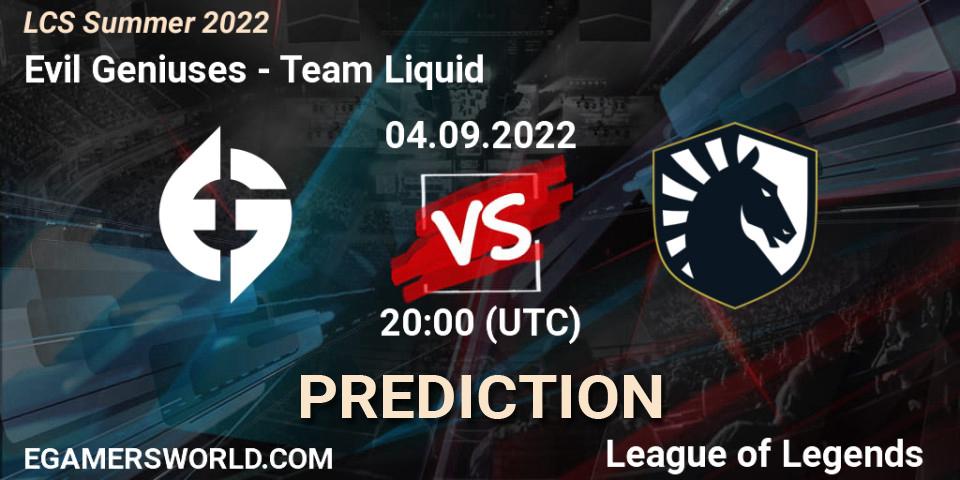 Evil Geniuses vs Team Liquid: Betting TIp, Match Prediction. 04.09.2022 at 20:00. LoL, LCS Summer 2022