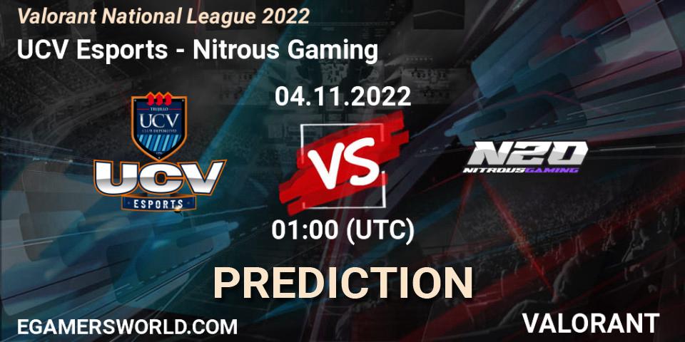 UCV Esports vs Nitrous Gaming: Betting TIp, Match Prediction. 04.11.2022 at 01:00. VALORANT, Valorant National League 2022