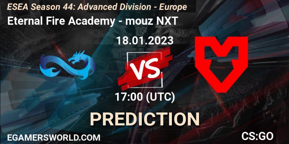 Eternal Fire Academy vs mouz NXT: Betting TIp, Match Prediction. 24.01.2023 at 17:00. Counter-Strike (CS2), ESEA Season 44: Advanced Division - Europe