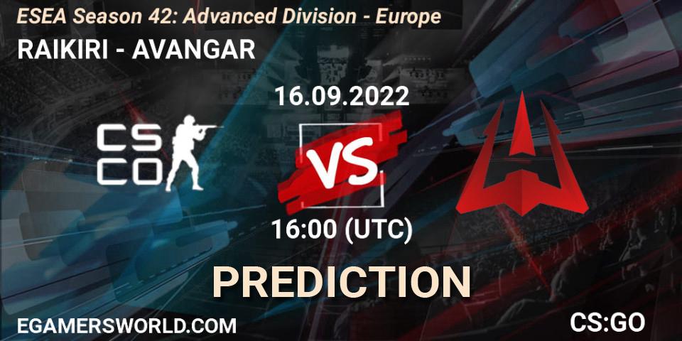 RAIKIRI vs AVANGAR: Betting TIp, Match Prediction. 16.09.2022 at 16:00. Counter-Strike (CS2), ESEA Season 42: Advanced Division - Europe