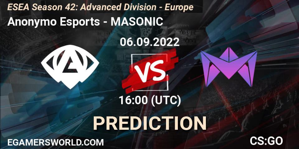 Anonymo Esports vs MASONIC: Betting TIp, Match Prediction. 06.09.2022 at 16:00. Counter-Strike (CS2), ESEA Season 42: Advanced Division - Europe