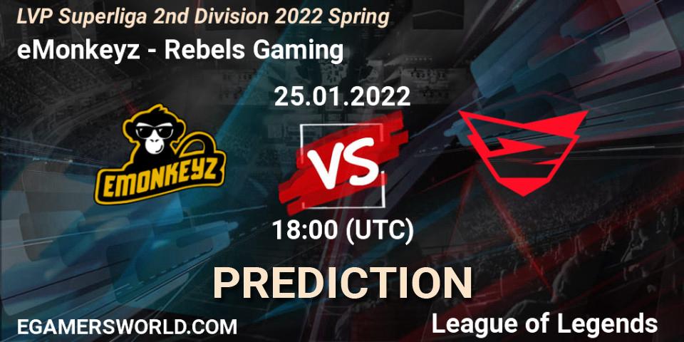 eMonkeyz vs Rebels Gaming: Betting TIp, Match Prediction. 26.01.2022 at 18:00. LoL, LVP Superliga 2nd Division 2022 Spring