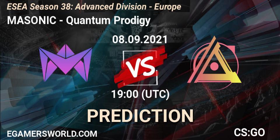MASONIC vs Quantum Prodigy: Betting TIp, Match Prediction. 08.09.2021 at 19:00. Counter-Strike (CS2), ESEA Season 38: Advanced Division - Europe
