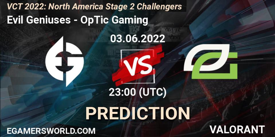 Evil Geniuses vs OpTic Gaming: Betting TIp, Match Prediction. 04.06.2022 at 00:00. VALORANT, VCT 2022: North America Stage 2 Challengers