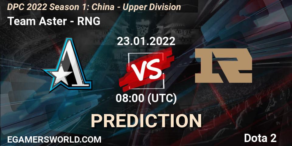 Team Aster vs RNG: Betting TIp, Match Prediction. 23.01.2022 at 08:24. Dota 2, DPC 2022 Season 1: China - Upper Division