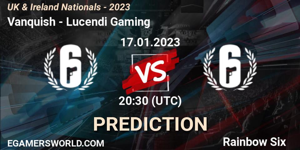 Vanquish vs Lucendi Gaming: Betting TIp, Match Prediction. 17.01.2023 at 20:30. Rainbow Six, UK & Ireland Nationals - 2023