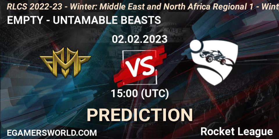 EMPTY vs UNTAMABLE BEASTS: Betting TIp, Match Prediction. 02.02.2023 at 15:00. Rocket League, RLCS 2022-23 - Winter: Middle East and North Africa Regional 1 - Winter Open