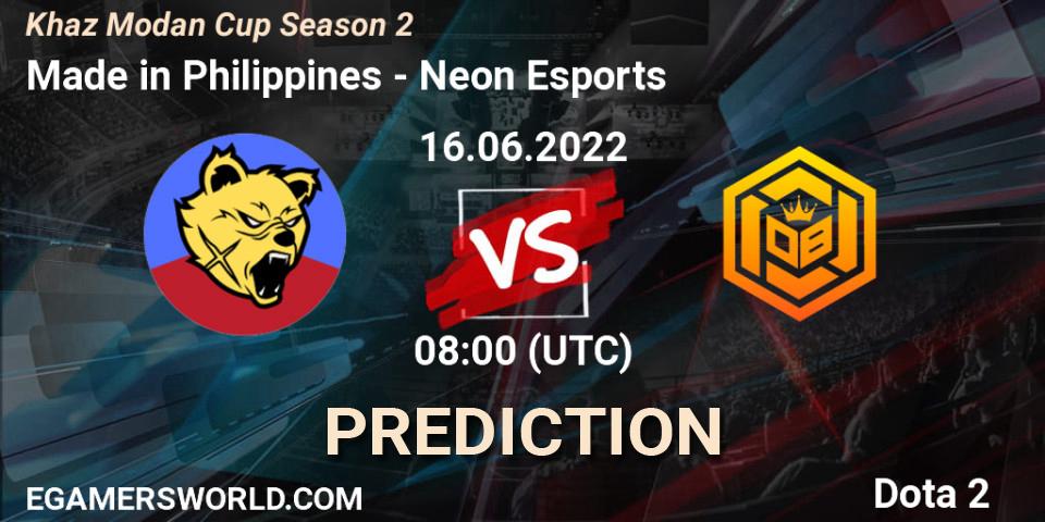 Made in Philippines vs Neon Esports: Betting TIp, Match Prediction. 23.06.2022 at 10:01. Dota 2, Khaz Modan Cup Season 2