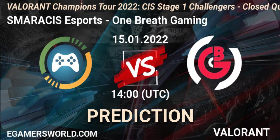 SMARACIS Esports vs One Breath Gaming: Betting TIp, Match Prediction. 15.01.2022 at 14:00. VALORANT, VCT 2022: CIS Stage 1 Challengers - Closed Qualifier 1