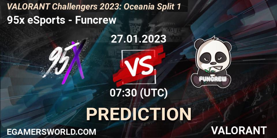 95x eSports vs Funcrew: Betting TIp, Match Prediction. 27.01.2023 at 07:30. VALORANT, VALORANT Challengers 2023: Oceania Split 1