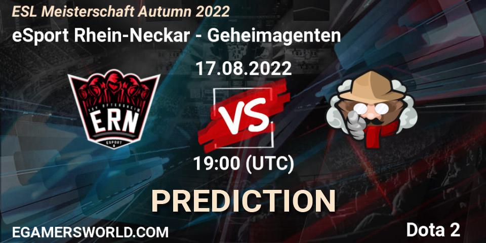 eSport Rhein-Neckar vs Geheimagenten: Betting TIp, Match Prediction. 17.08.2022 at 19:14. Dota 2, ESL Meisterschaft Autumn 2022