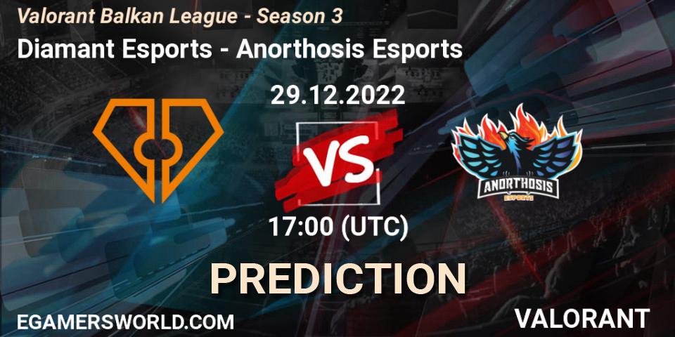 Diamant Esports vs Anorthosis Esports: Betting TIp, Match Prediction. 29.12.2022 at 17:00. VALORANT, Valorant Balkan League - Season 3