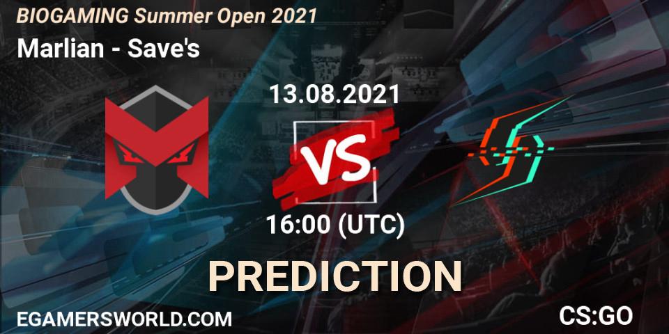 Marlian vs Save's: Betting TIp, Match Prediction. 13.08.2021 at 16:00. Counter-Strike (CS2), BIOGAMING Summer Open 2021