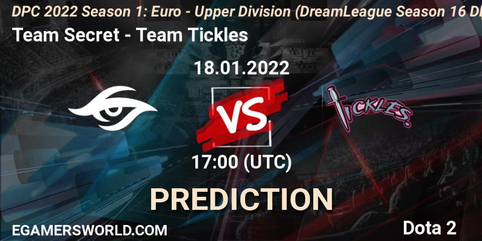 Team Secret vs Team Tickles: Betting TIp, Match Prediction. 18.01.2022 at 17:33. Dota 2, DPC 2022 Season 1: Euro - Upper Division (DreamLeague Season 16 DPC WEU)
