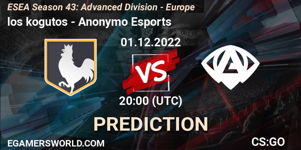 los kogutos vs Anonymo Esports: Betting TIp, Match Prediction. 01.12.2022 at 20:00. Counter-Strike (CS2), ESEA Season 43: Advanced Division - Europe