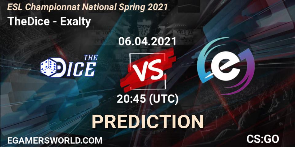 TheDice vs Exalty: Betting TIp, Match Prediction. 06.04.2021 at 19:45. Counter-Strike (CS2), ESL Championnat National Spring 2021