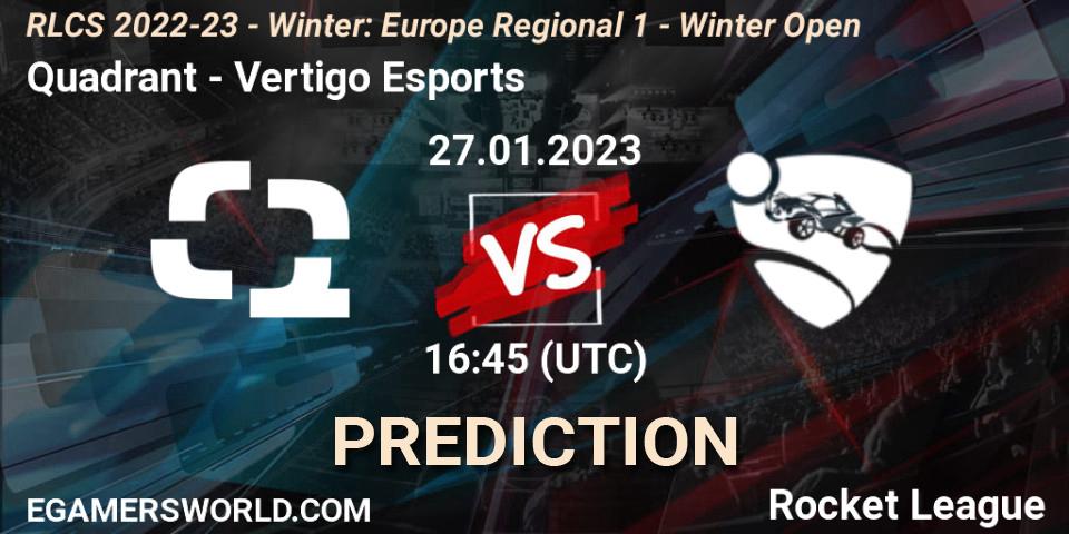 Quadrant vs Vertigo Esports: Betting TIp, Match Prediction. 27.01.2023 at 16:45. Rocket League, RLCS 2022-23 - Winter: Europe Regional 1 - Winter Open