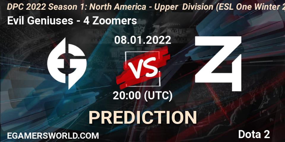 Evil Geniuses vs 4 Zoomers: Betting TIp, Match Prediction. 08.01.2022 at 20:13. Dota 2, DPC 2022 Season 1: North America - Upper Division (ESL One Winter 2021)