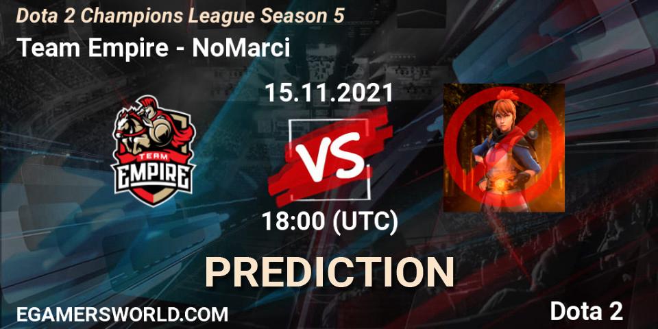 Team Empire vs NoMarci: Betting TIp, Match Prediction. 15.11.2021 at 18:01. Dota 2, Dota 2 Champions League 2021 Season 5