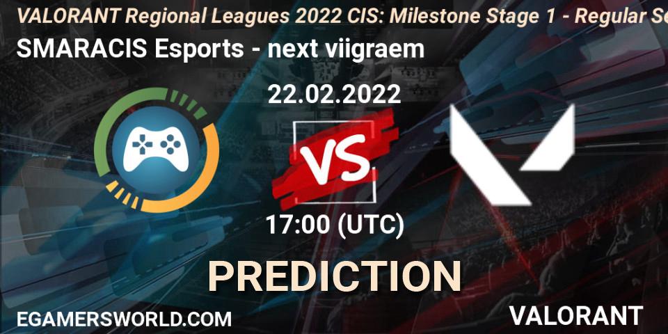 SMARACIS Esports vs next viigraem: Betting TIp, Match Prediction. 22.02.2022 at 17:00. VALORANT, VALORANT Regional Leagues 2022 CIS: Milestone Stage 1 - Regular Season