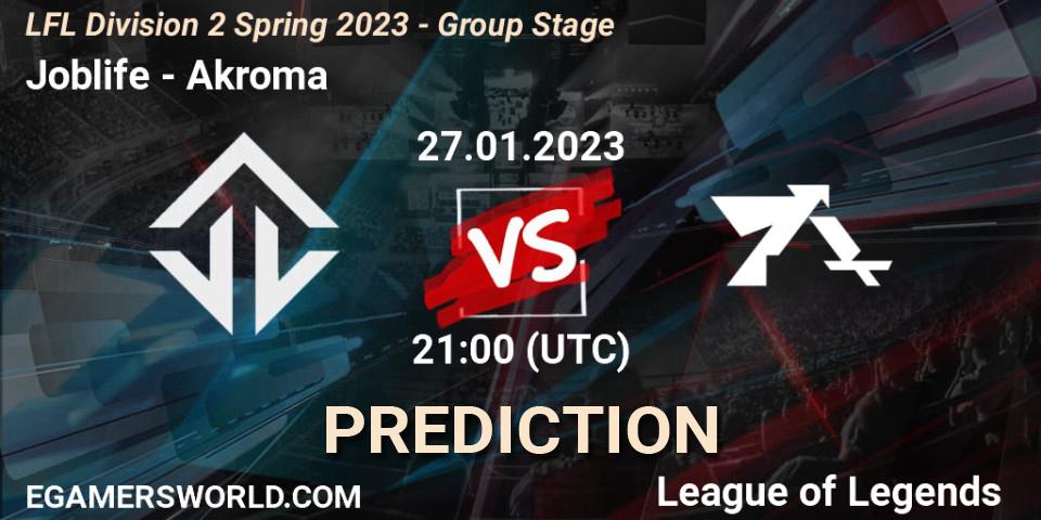 Joblife vs Akroma: Betting TIp, Match Prediction. 27.01.2023 at 21:00. LoL, LFL Division 2 Spring 2023 - Group Stage