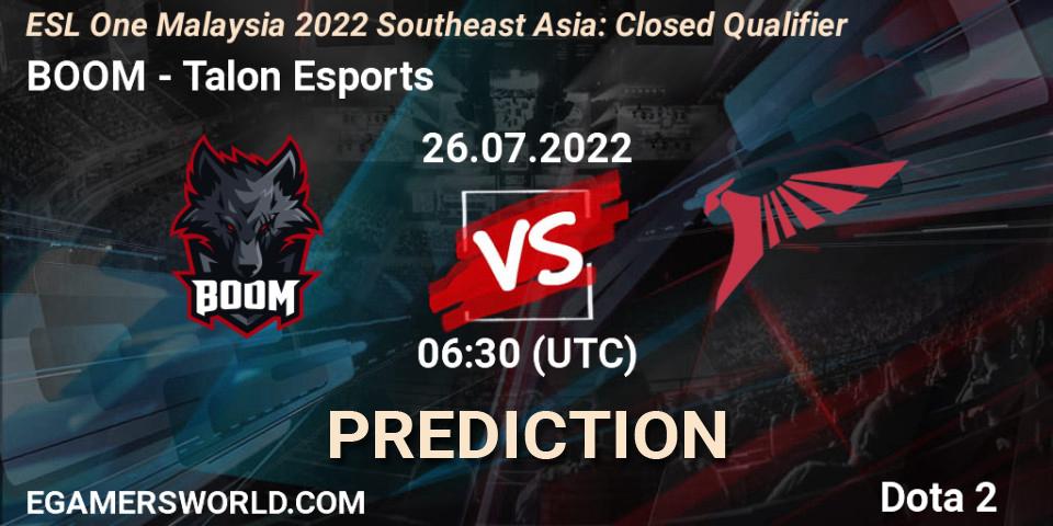 BOOM vs Talon Esports: Betting TIp, Match Prediction. 26.07.2022 at 07:05. Dota 2, ESL One Malaysia 2022 Southeast Asia: Closed Qualifier