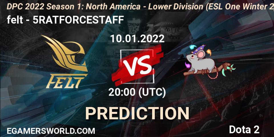 felt vs 5RATFORCESTAFF: Betting TIp, Match Prediction. 10.01.2022 at 20:22. Dota 2, DPC 2022 Season 1: North America - Lower Division (ESL One Winter 2021)