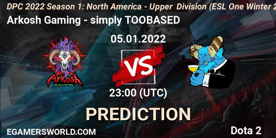 Arkosh Gaming vs simply TOOBASED: Betting TIp, Match Prediction. 06.01.2022 at 00:13. Dota 2, DPC 2022 Season 1: North America - Upper Division (ESL One Winter 2021)
