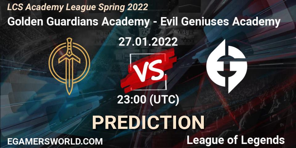 Golden Guardians Academy vs Evil Geniuses Academy: Betting TIp, Match Prediction. 27.01.2022 at 23:00. LoL, LCS Academy League Spring 2022