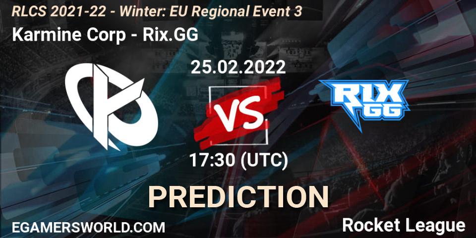 Karmine Corp vs Rix.GG: Betting TIp, Match Prediction. 25.02.2022 at 17:30. Rocket League, RLCS 2021-22 - Winter: EU Regional Event 3