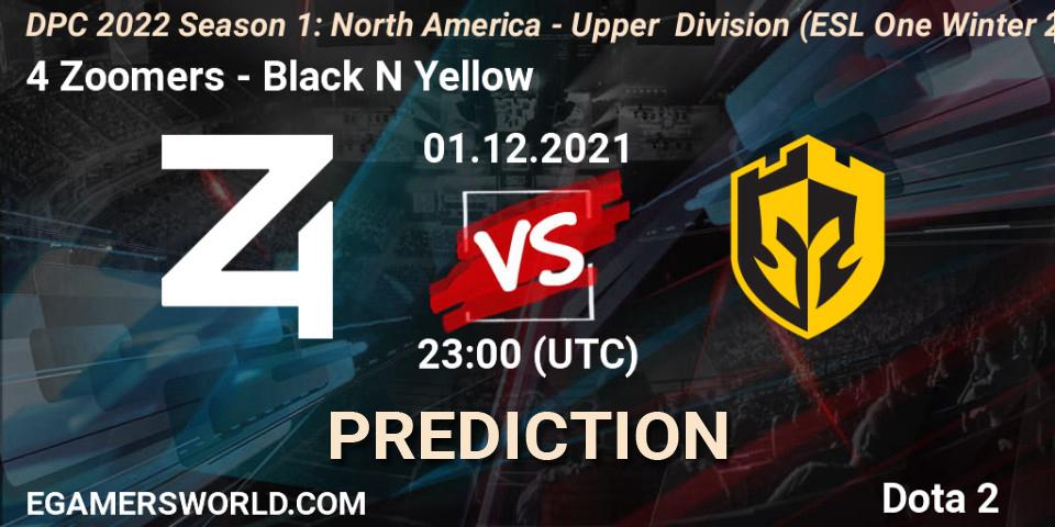 4 Zoomers vs Black N Yellow: Betting TIp, Match Prediction. 01.12.2021 at 23:17. Dota 2, DPC 2022 Season 1: North America - Upper Division (ESL One Winter 2021)