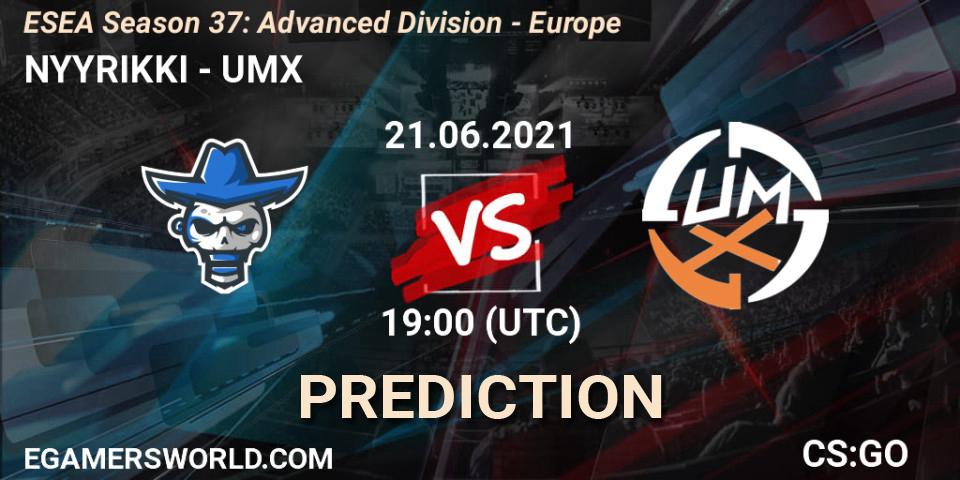 NYYRIKKI vs UMX: Betting TIp, Match Prediction. 21.06.2021 at 19:00. Counter-Strike (CS2), ESEA Season 37: Advanced Division - Europe