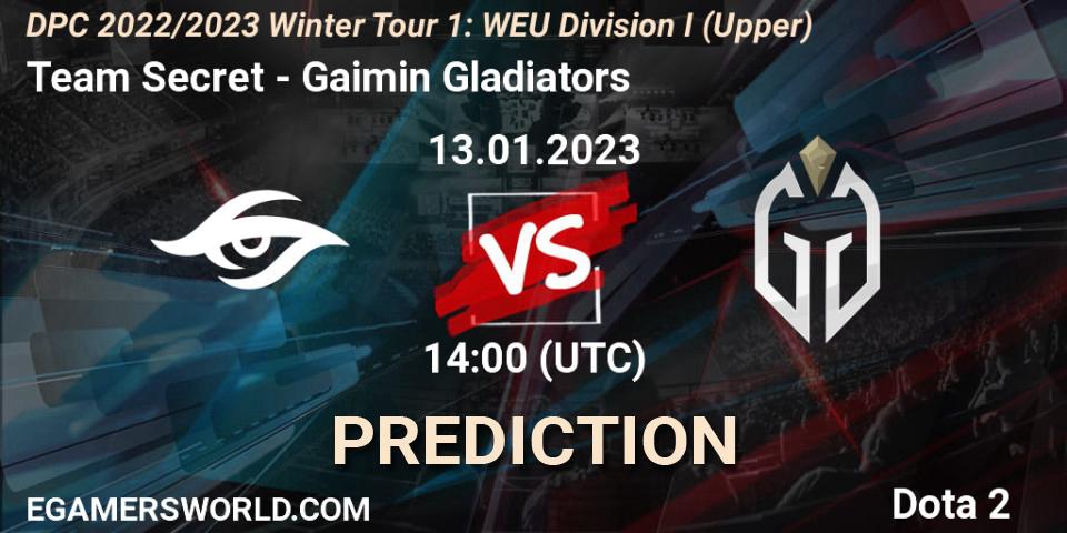 Team Secret vs Gaimin Gladiators: Betting TIp, Match Prediction. 13.01.2023 at 13:55. Dota 2, DPC 2022/2023 Winter Tour 1: WEU Division I (Upper)